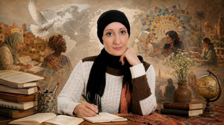 Woman in a black headscarf writing at a desk with books, a globe, mosaic patterns, and global cultural scenes in the background.
